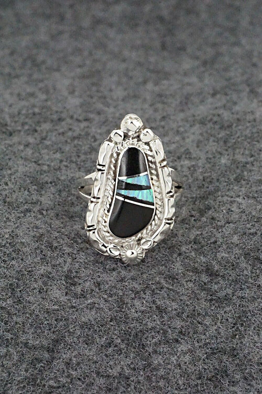 Onyx, Opalite & Sterling Silver Inlay Ring - James Manygoats - Size 7.25