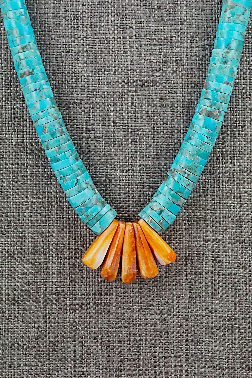 Turquoise, Spiny Oyster and Sterling Silver Necklace - Lupe Lovato