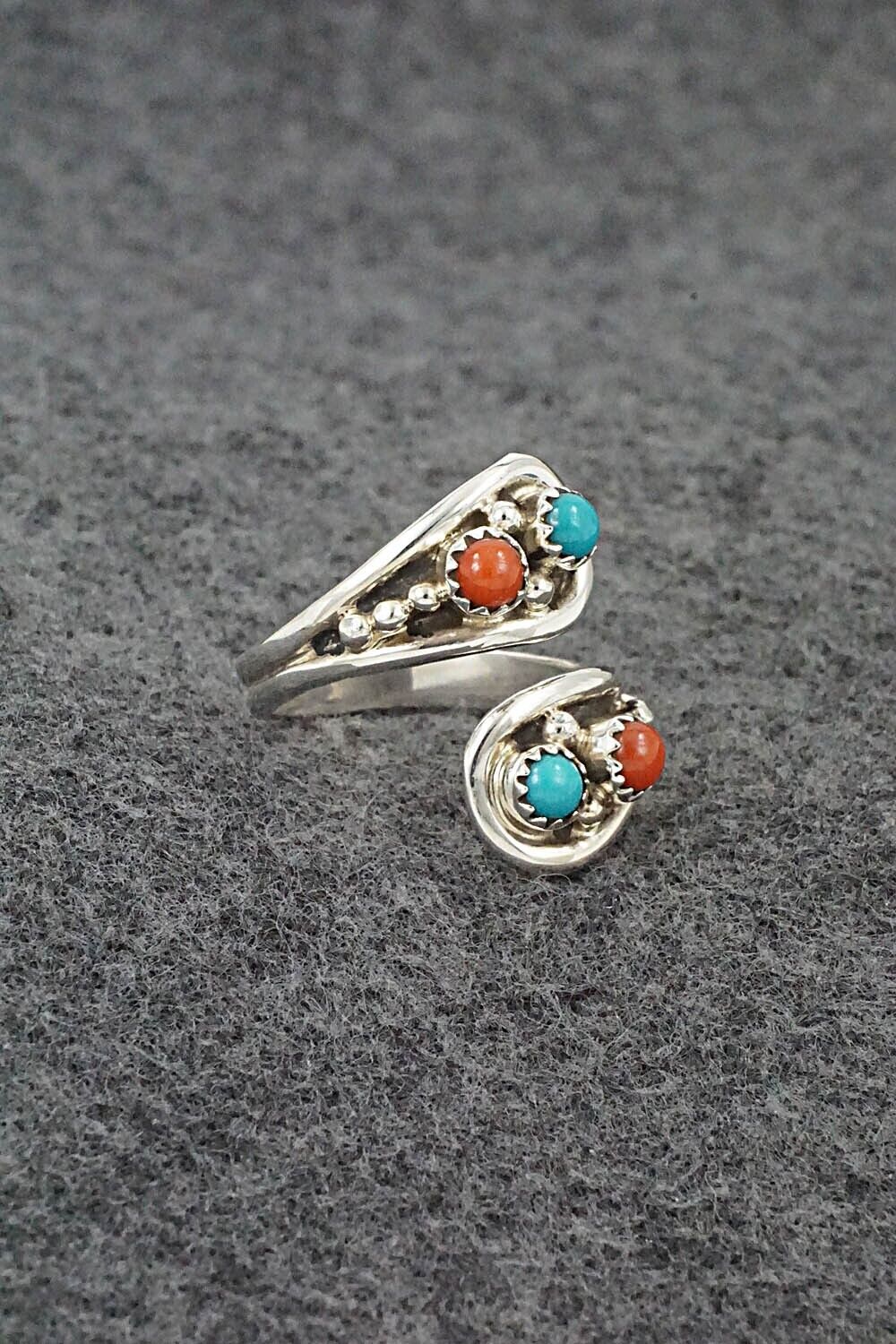 Turquoise, Coral & Sterling Silver Ring - Genevieve Francisco - Size 9