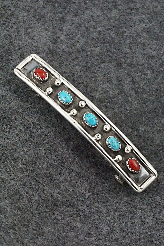 Turquoise, Coral & Sterling Silver Hair Barrette - Paul Largo