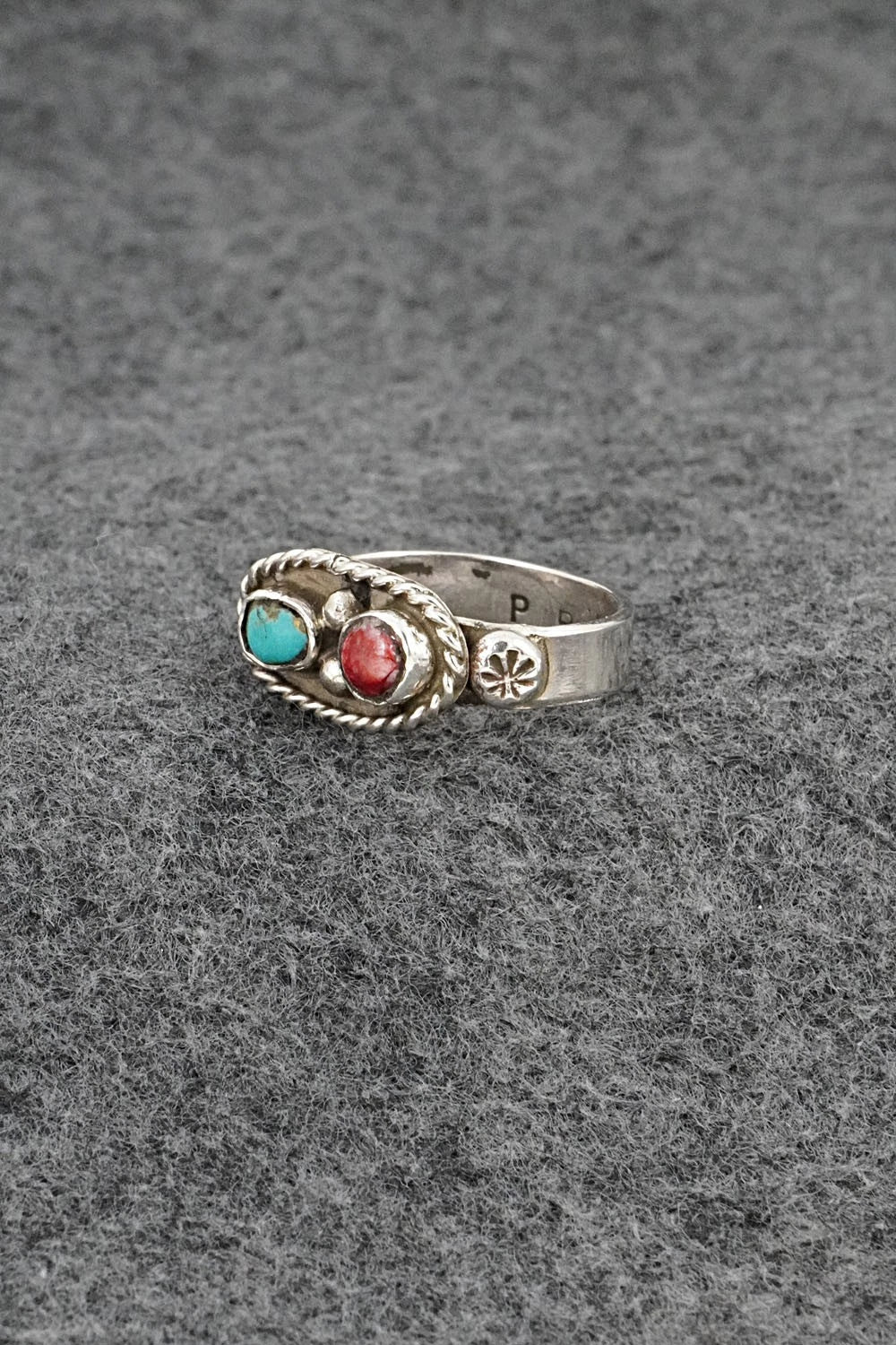 Turquoise, Spiny Oyster & Sterling Silver Ring - Priscilla Reeder - Size 8.5