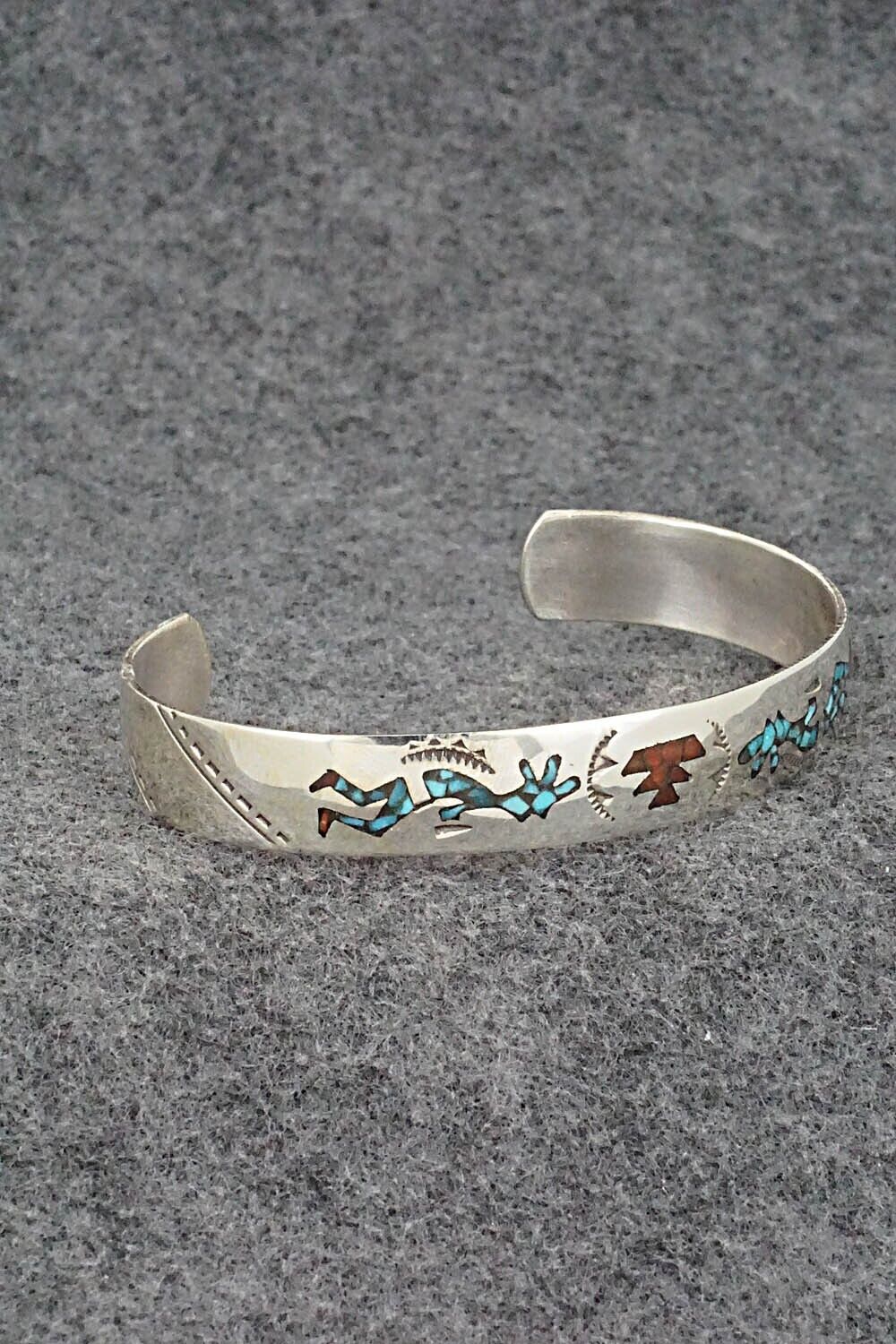 Turquoise, Coral Chip Inlay & Sterling Silver Bracelet - Joleen Yazzie