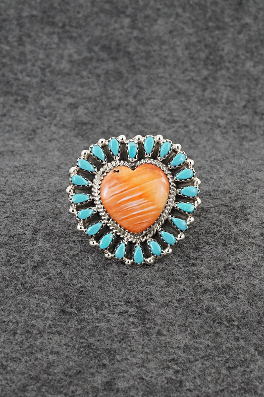 Turquoise, Spiny Oyster & Sterling Silver Ring - Elton James - Size 9