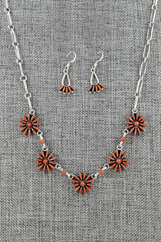 Coral & Sterling Silver Necklace and Earrings Set - Mildred Ukestine