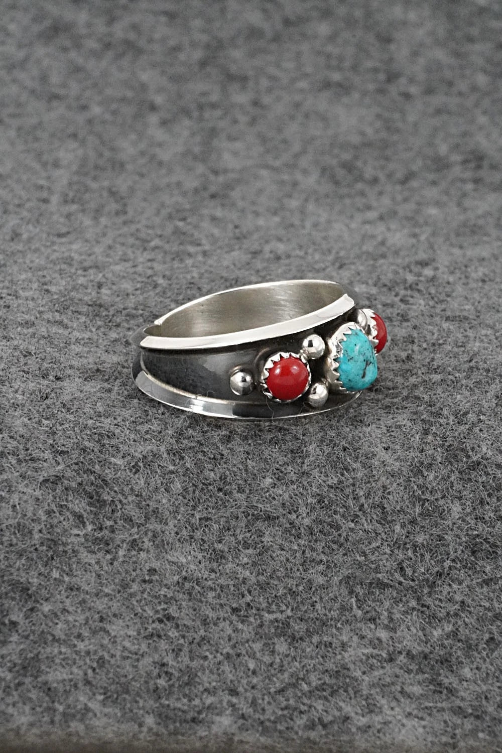 Turquoise, Coral & Sterling Silver Ring - Paul Largo - Size 13