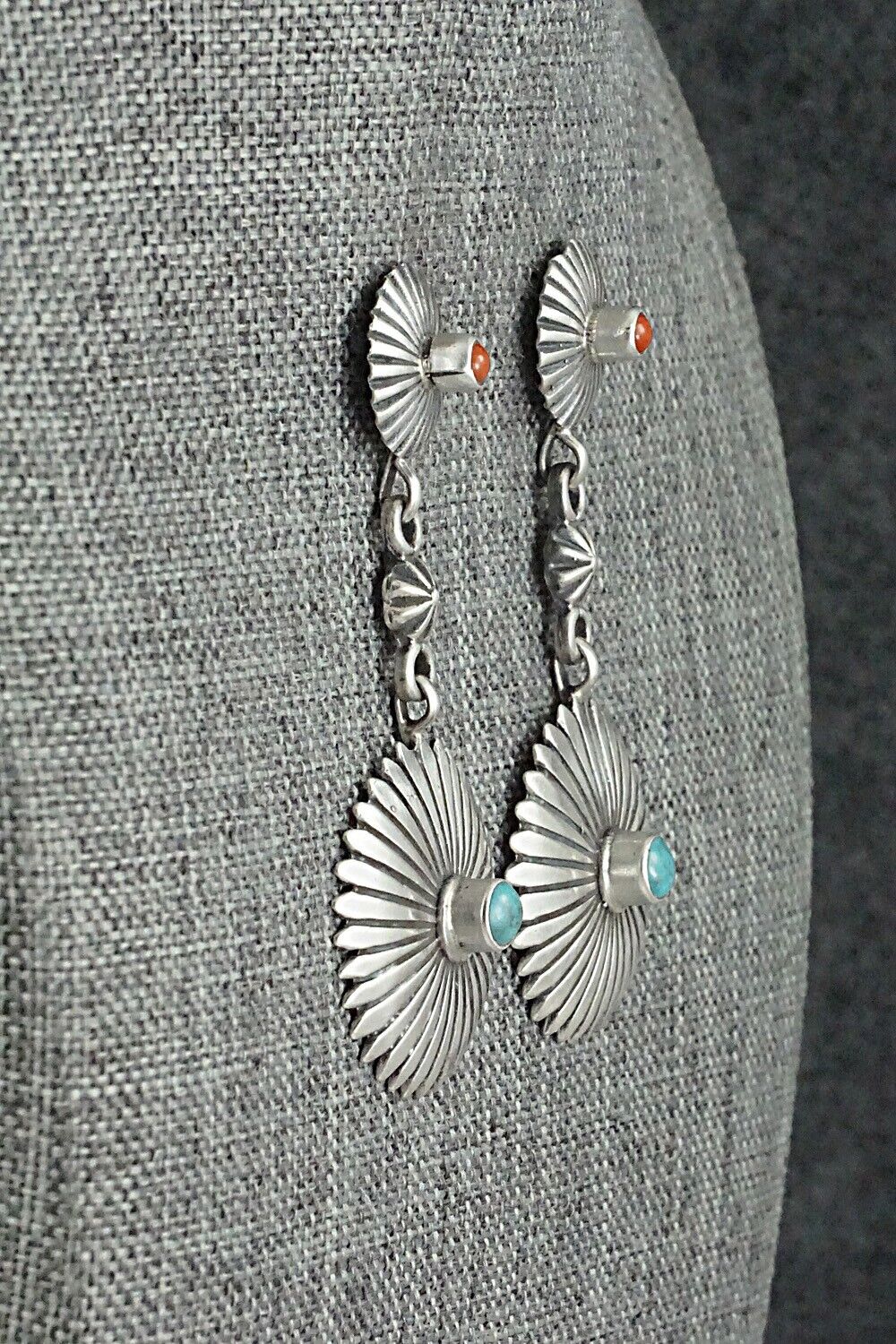 Turquoise, Coral & Sterling Silver Earrings - Verley Betone