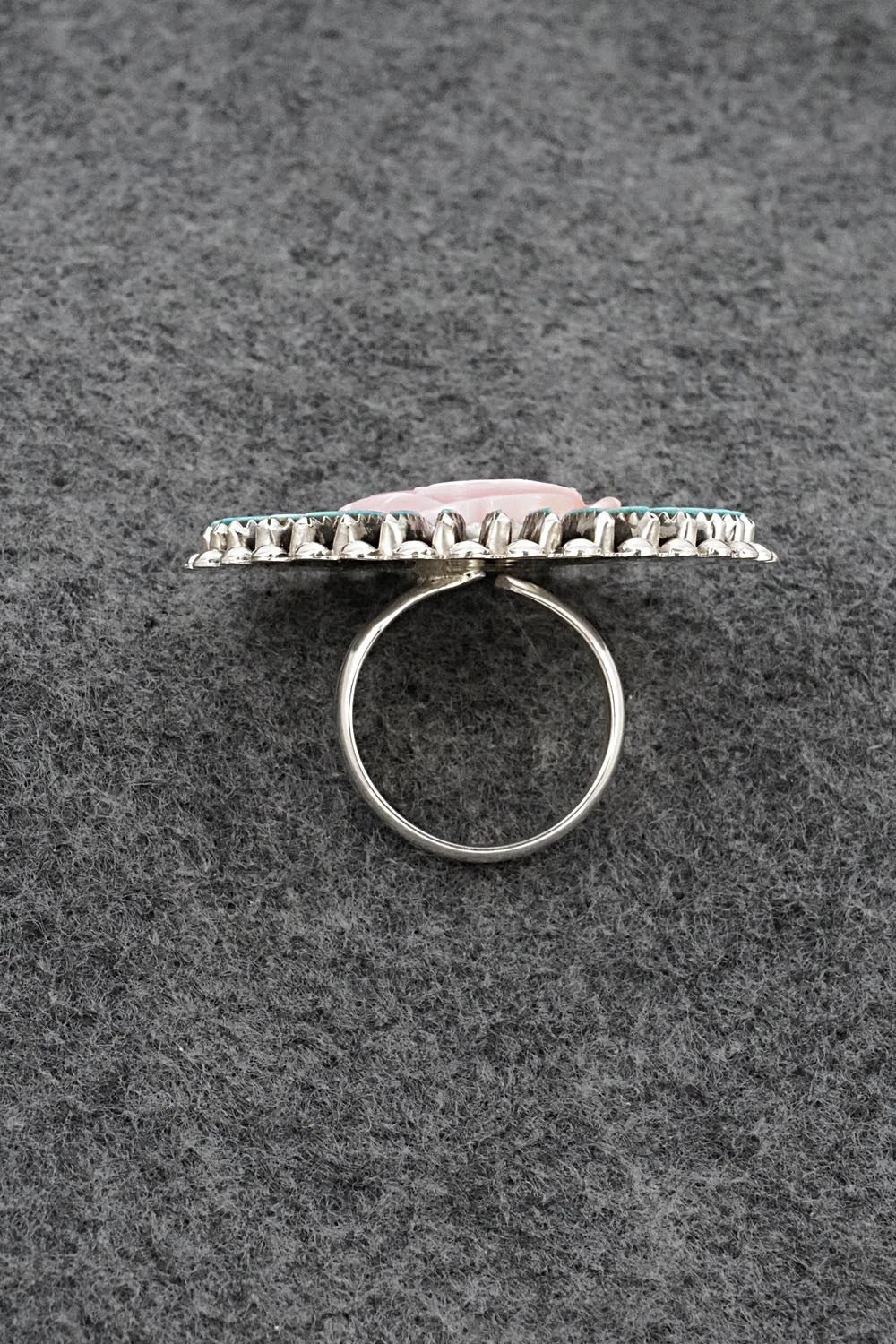Turquoise, Pink Conch & Sterling Silver Ring - Roland Francisco - Size Adj.