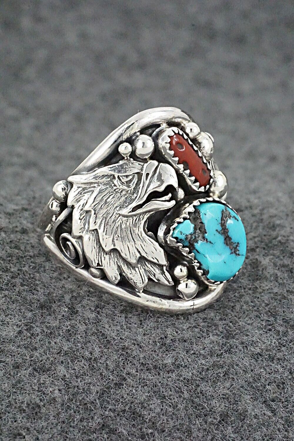 Turquoise, Coral & Sterling Silver Ring - Jeannette Saunders - Size 13
