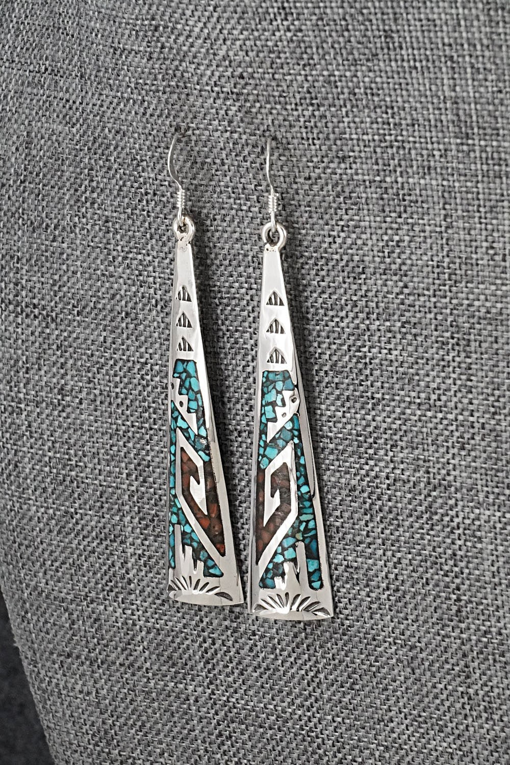 Turquoise, Coral Chip & Sterling Silver Earrings - Joleen Yazzie