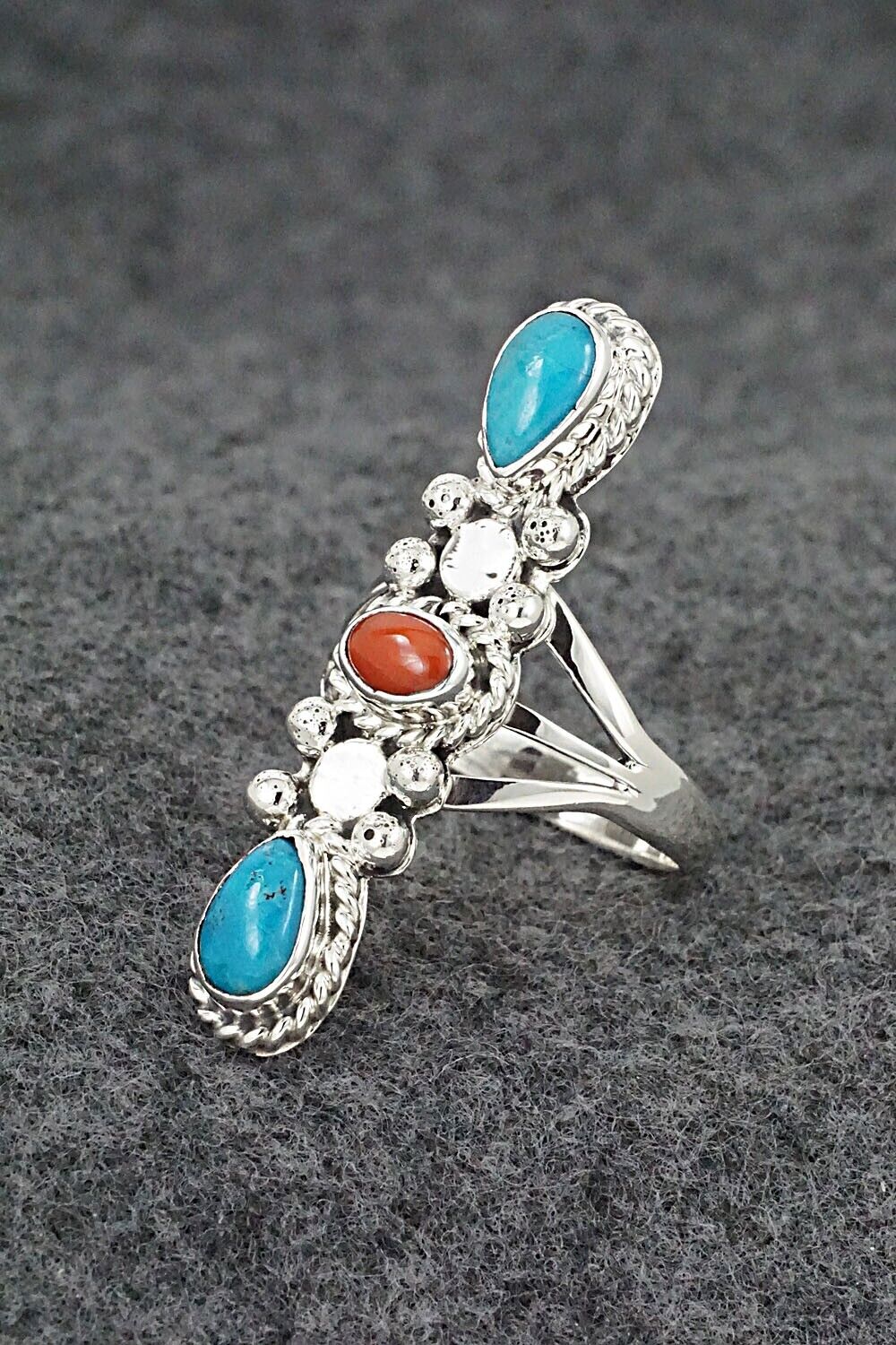Turquoise, Coral & Sterling Silver Ring - Andrew Vandever - Size 8