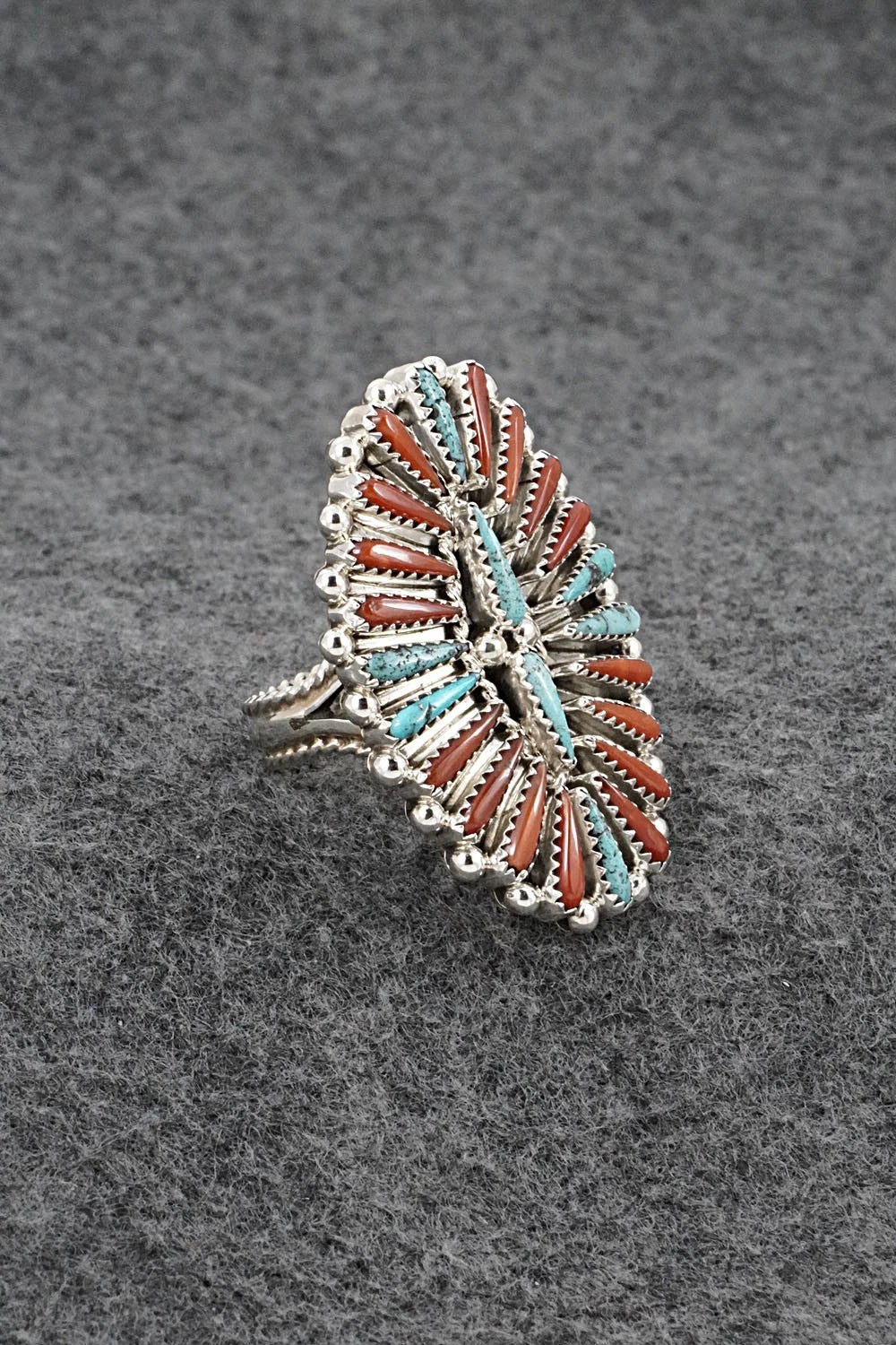 Turquoise, Coral & Sterling Silver Ring - Kyle Wilson - Size 8