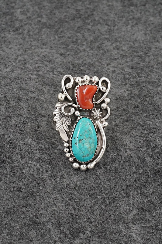 Turquoise, Coral & Sterling Silver Ring - Herbert Begaye - Size 9.5