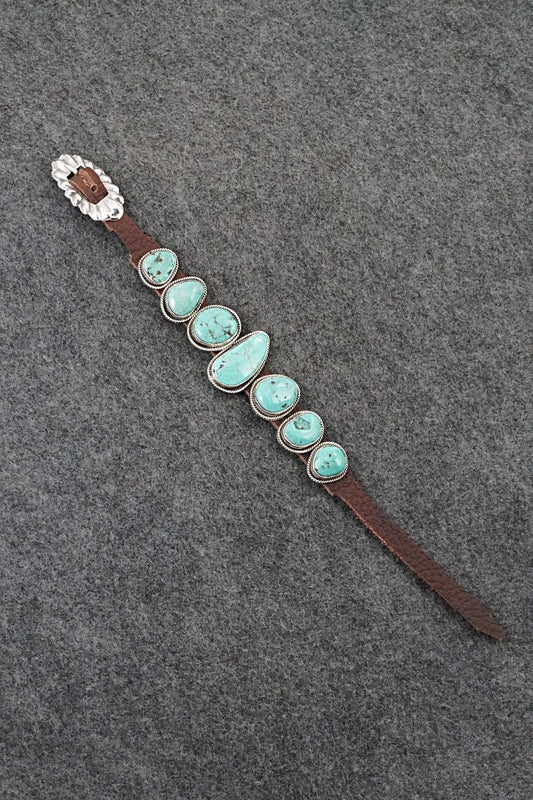 Turquoise, Sterling Silver & Leather Bracelet - Marlene Ramone