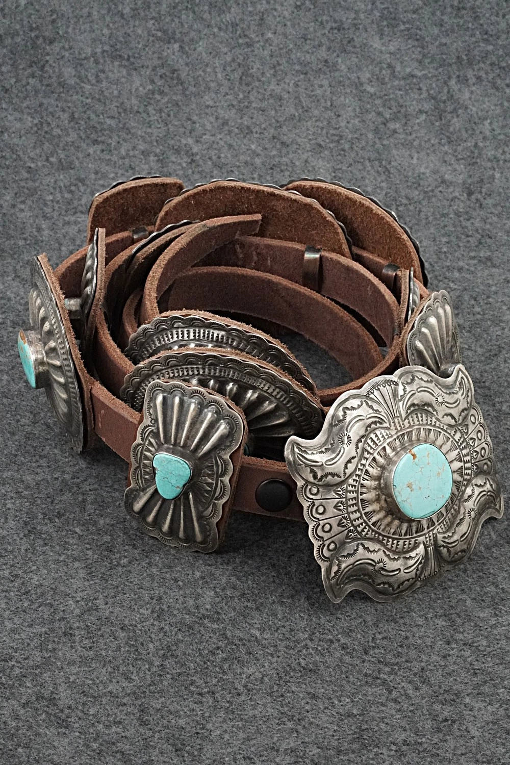 Turquoise, Sterling Silver & Leather Concho Belt - Dan Morgan