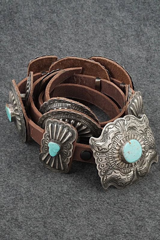Turquoise, Sterling Silver & Leather Concho Belt - Dan Morgan