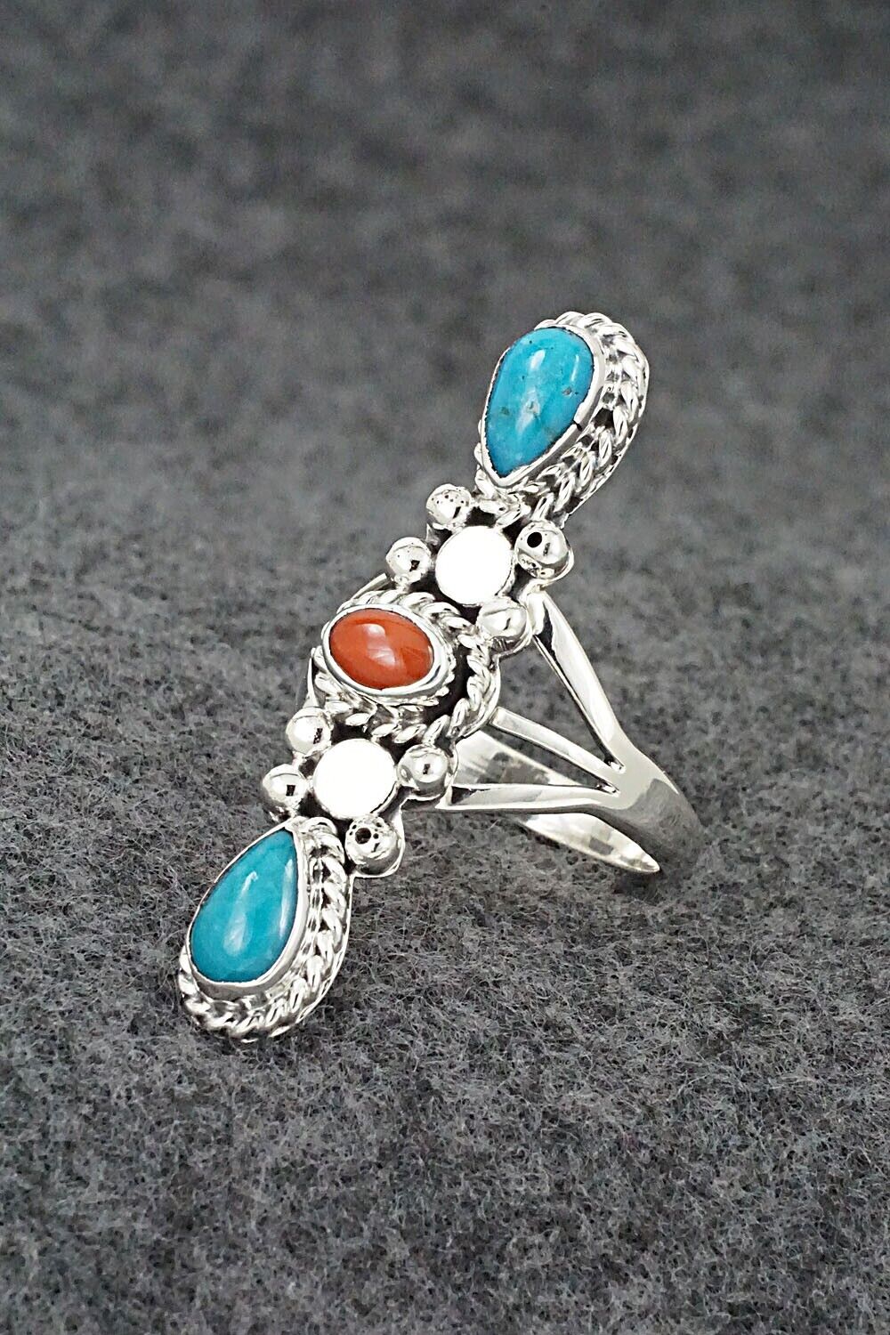 Turquoise, Coral & Sterling Silver Ring - Andrew Vandever - Size 9