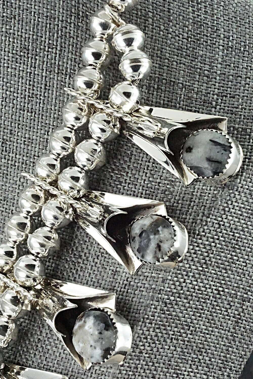 White Buffalo & Sterling Silver Squash Blossom Set - Louise Yazzie