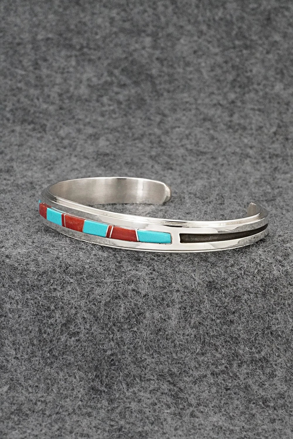 Turquoise, Coral Inlay & Sterling Silver Bracelet - Wilbert Muskett