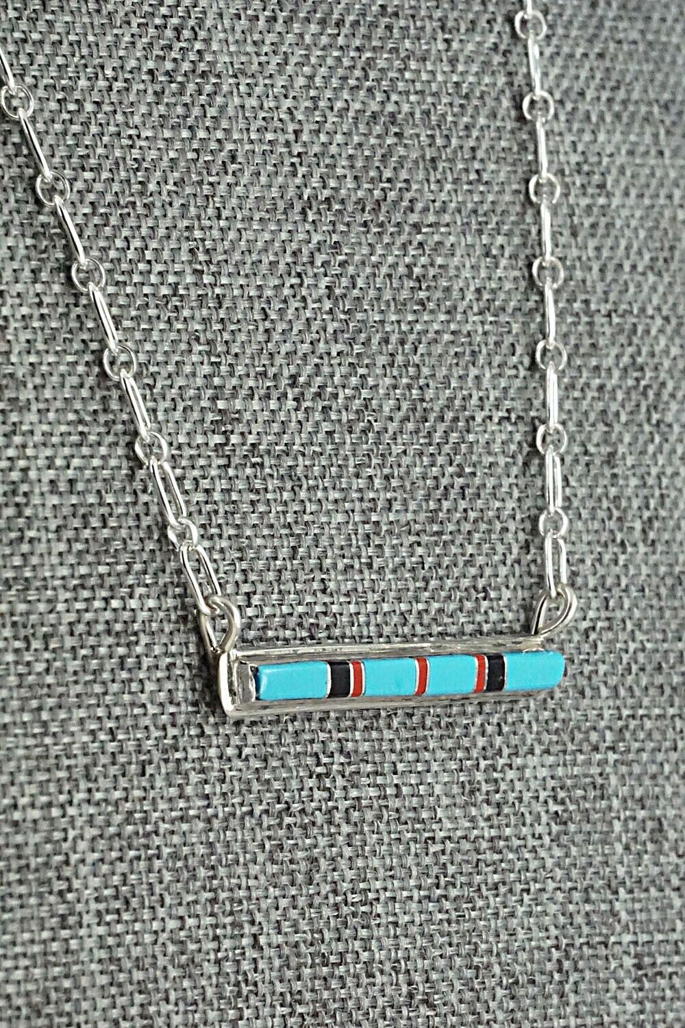 Turquoise, Coral, Onyx & Sterling Silver Inlay Necklace - Roland Natachu