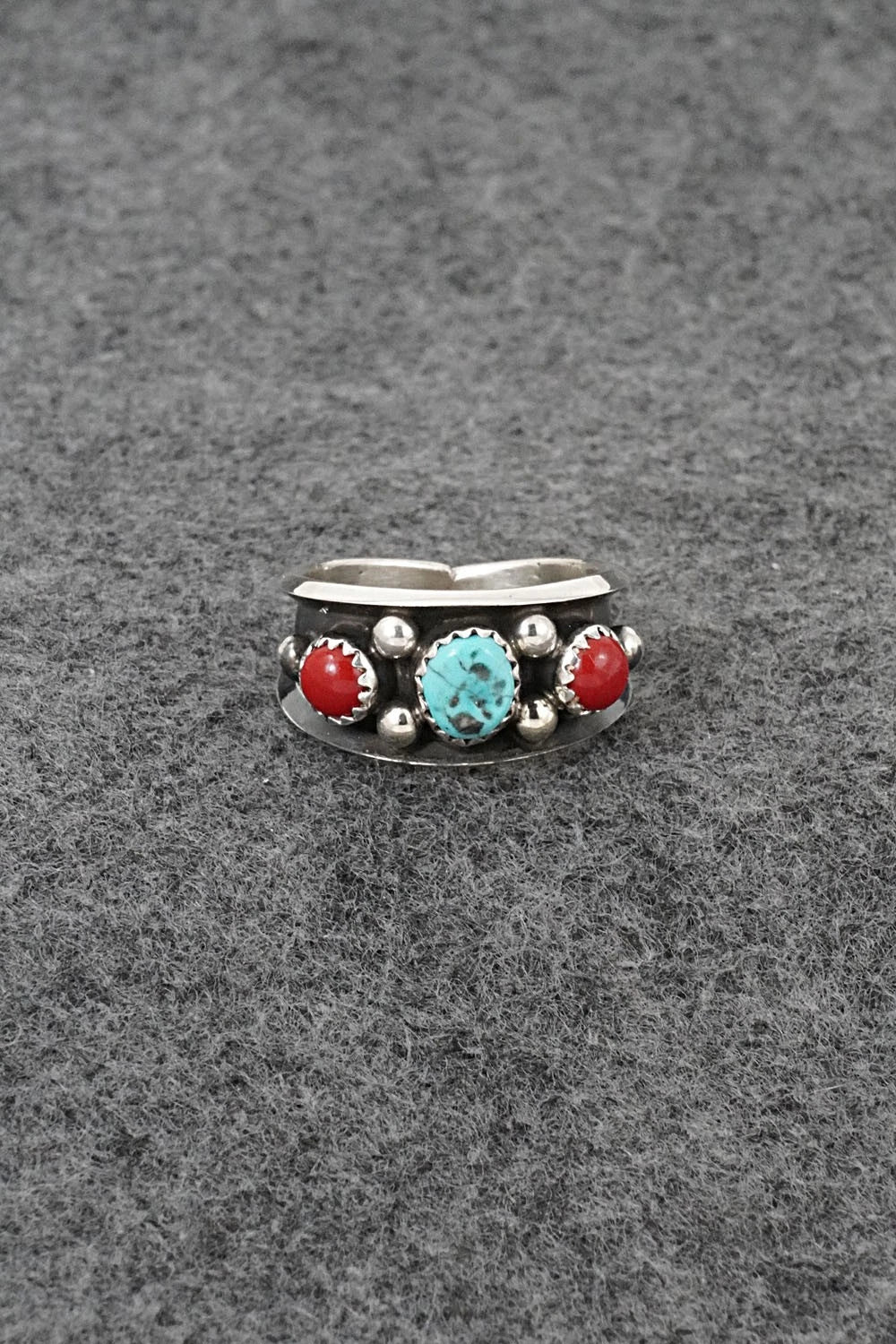 Turquoise, Coral & Sterling Silver Ring - Paul Largo - Size 9