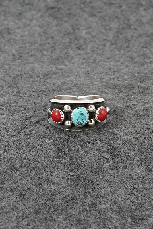 Turquoise, Coral & Sterling Silver Ring - Paul Largo - Size 9