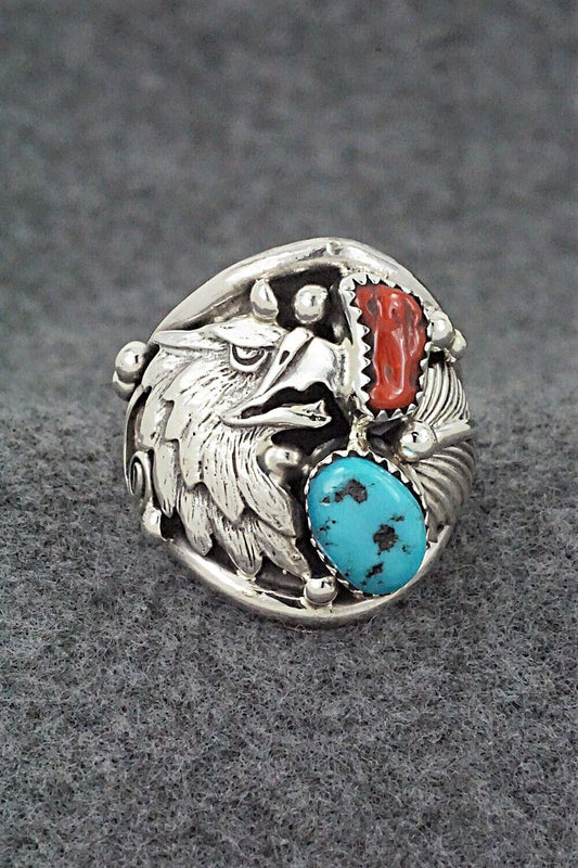 Turquoise, Coral & Sterling Silver Ring - Jeannette Saunders - Size 11