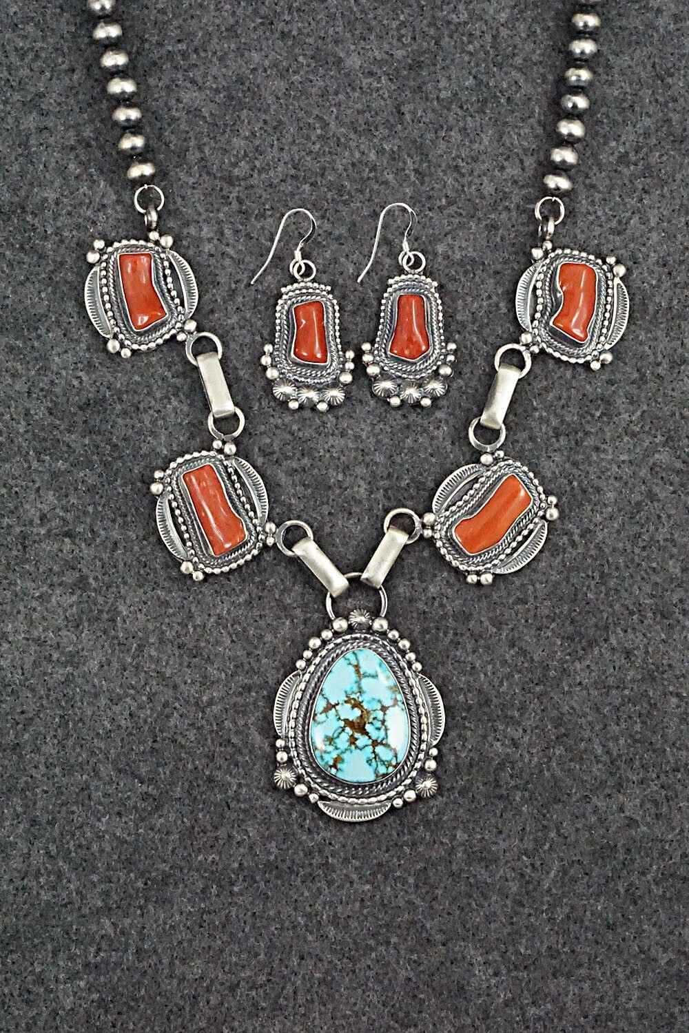 Turquoise, Coral & Sterling Silver Necklace and Earrings Set - Tom Lewis