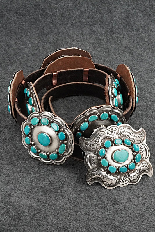 Turquoise, Sterling Silver & Leather Concho Belt - Dan Morgan