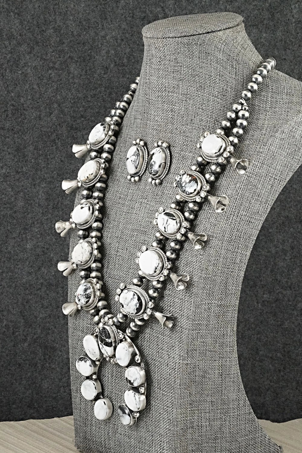 White Buffalo & Sterling Silver Squash Blossom Set - Darrin Livingston