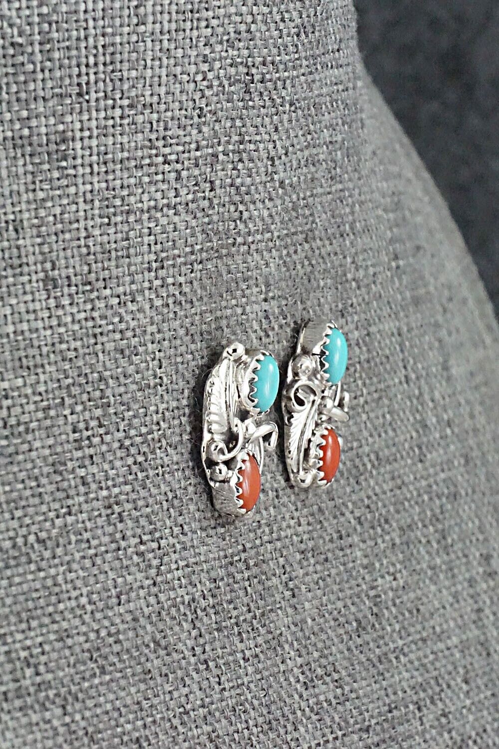 Turquoise, Coral & Sterling Silver Earrings - Genevieve Francisco