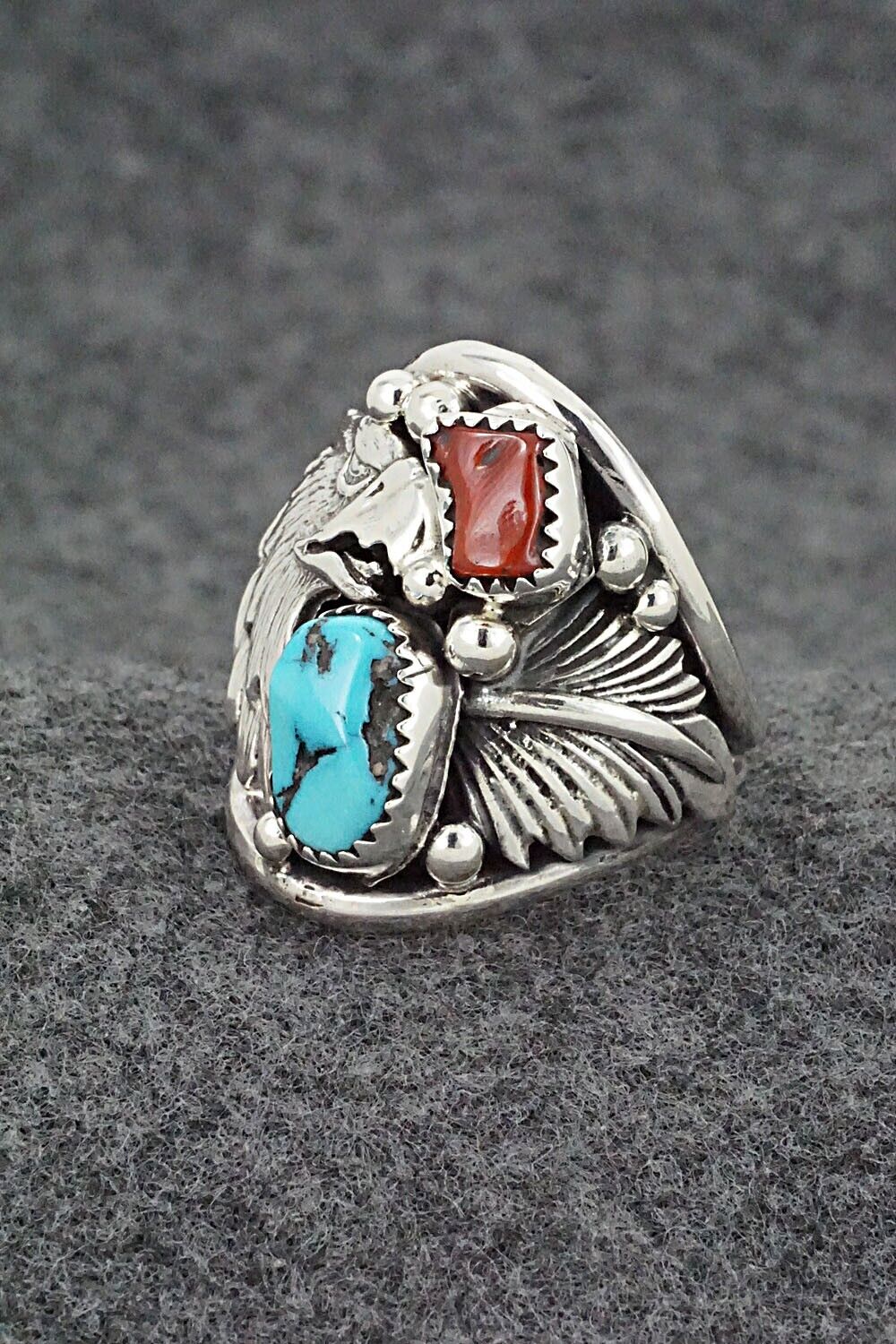 Turquoise, Coral & Sterling Silver Ring - Jeannette Saunders - Size 10