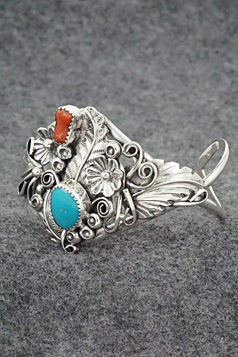 Turquoise, Coral & Sterling Silver Bracelet - Harry Yazzie