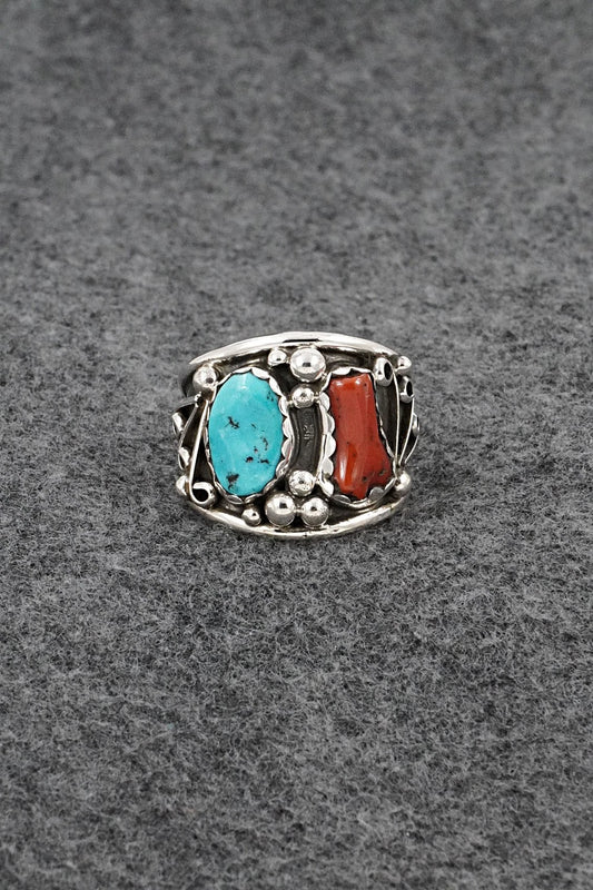 Turquoise, Coral & Sterling Silver Ring - Darrell Morgan - Size 12