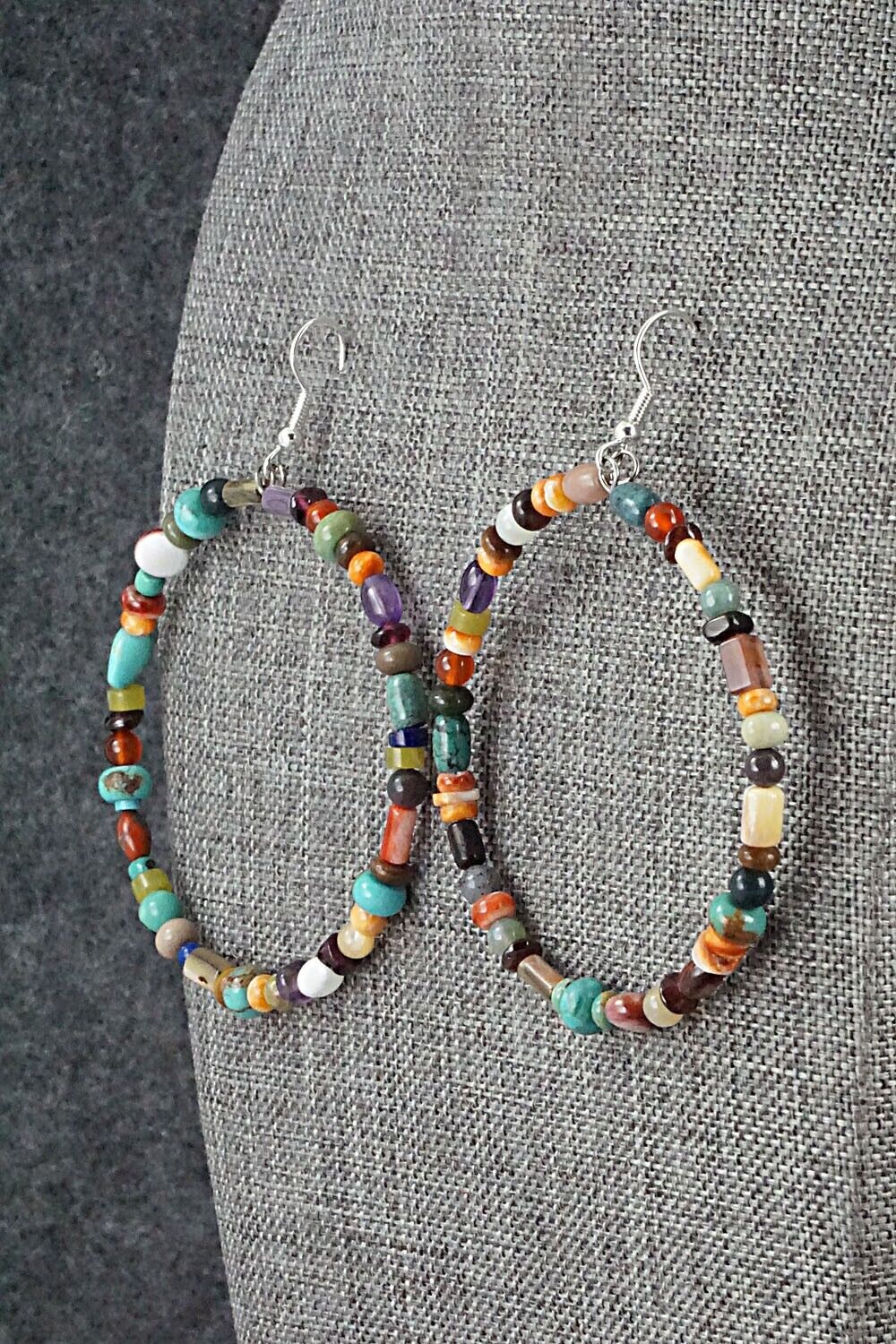 Multi Stone & Sterling Silver Hoop Earrings - Helen Tsosie