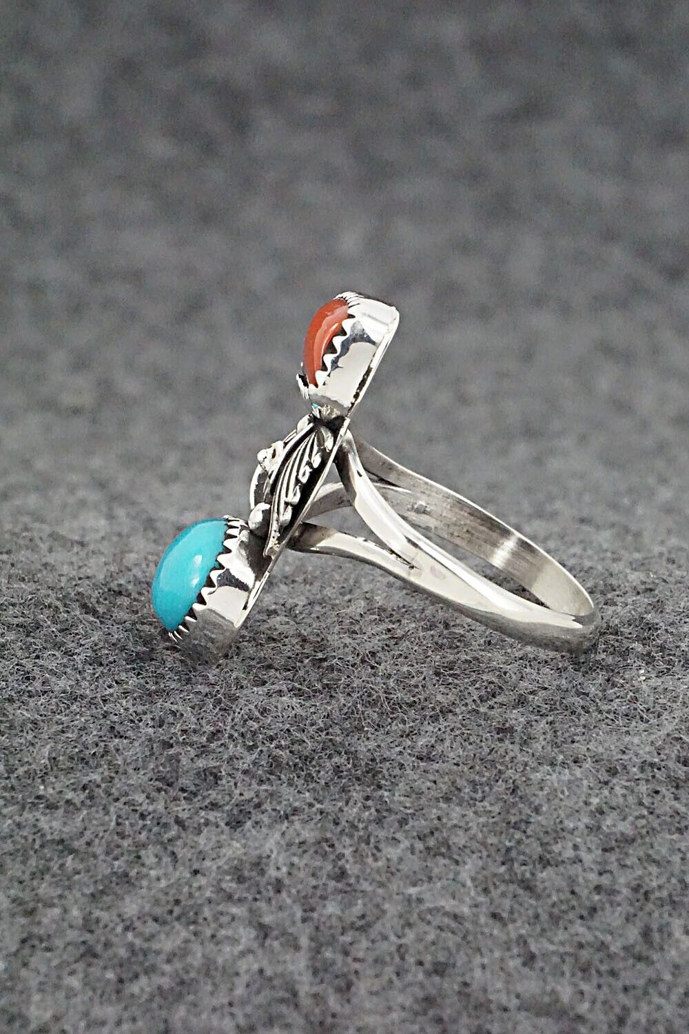 Coral, Turquoise & Sterling Silver Ring - Alice Rose Saunders - Size 8.25