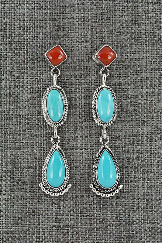 Turquoise, Coral & Sterling Silver Earrings - Verley Betone