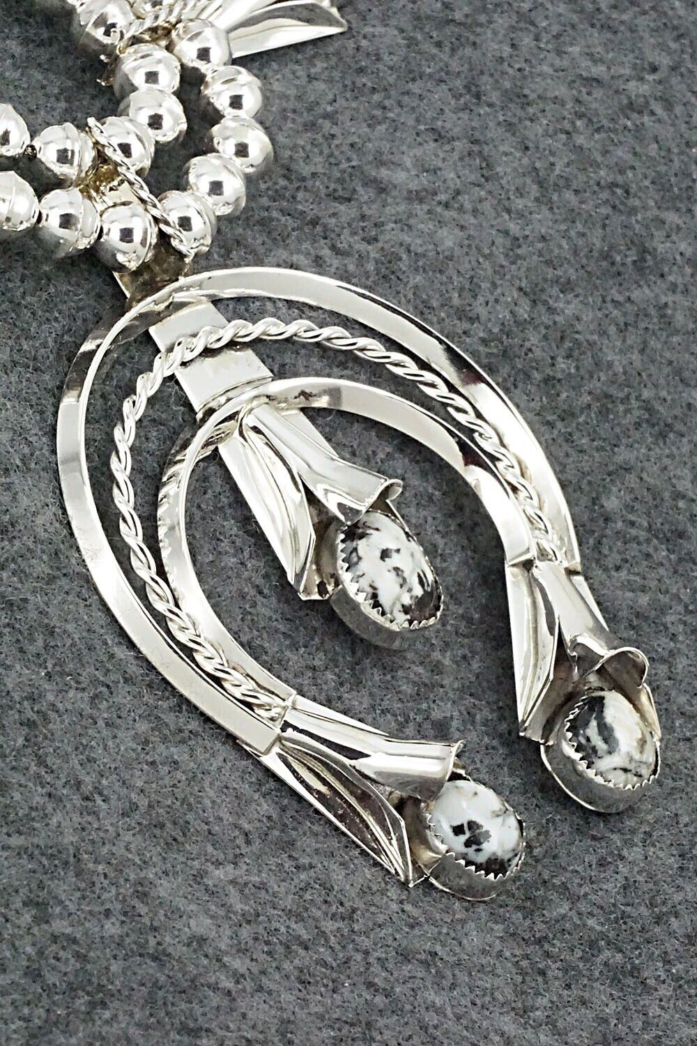 White Buffalo & Sterling Silver Squash Blossom Set - Louise Yazzie