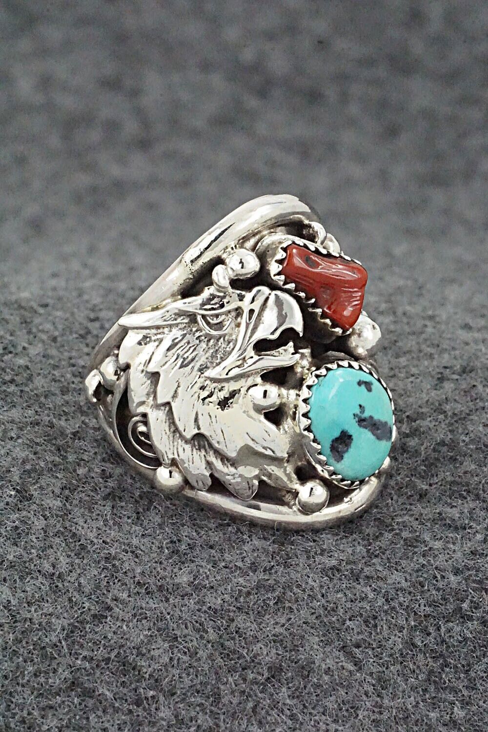 Turquoise, Coral & Sterling Silver Ring - Jeannette Saunders - Size 9.75