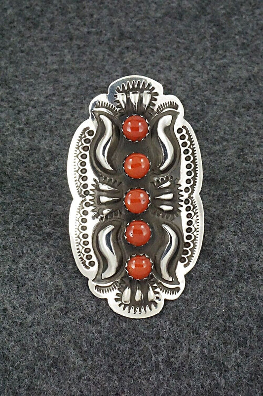 Coral & Sterling Silver Ring - Leander Tahe - Size 9