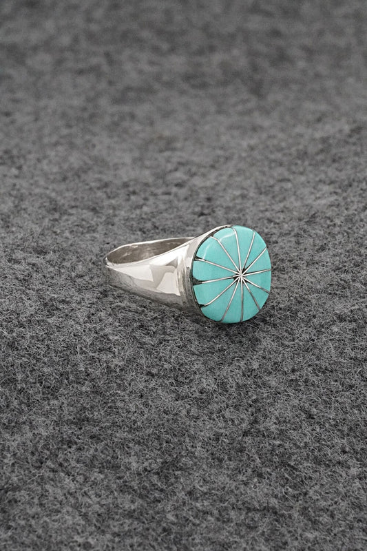 Turquoise & Sterling Silver Inlay Ring - Johnson Laweka - Size 8