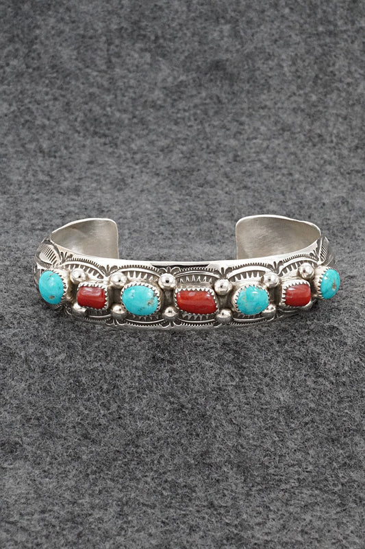 Turquoise, Coral & Sterling Silver Bracelet - Grace Silver