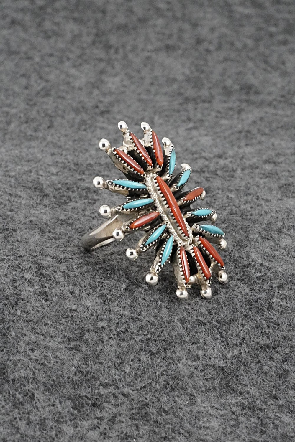 Turquoise, Coral & Sterling Silver Ring - Jack Etsate - Size 8.5