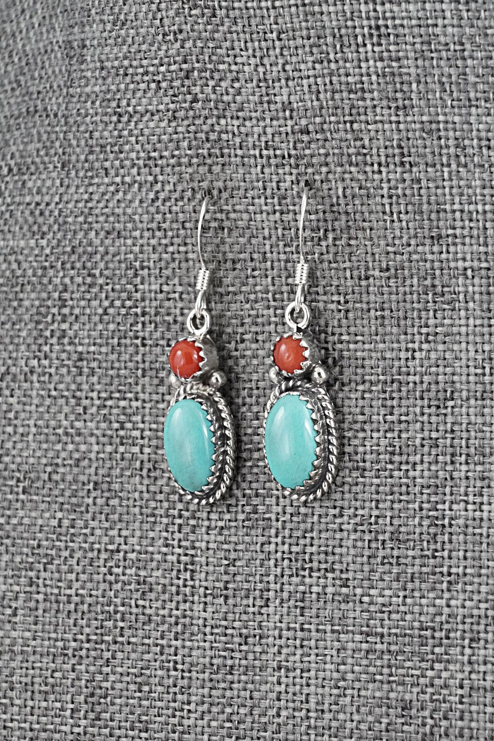 Turquoise, Coral & Sterling Silver Earrings - Verley Betone