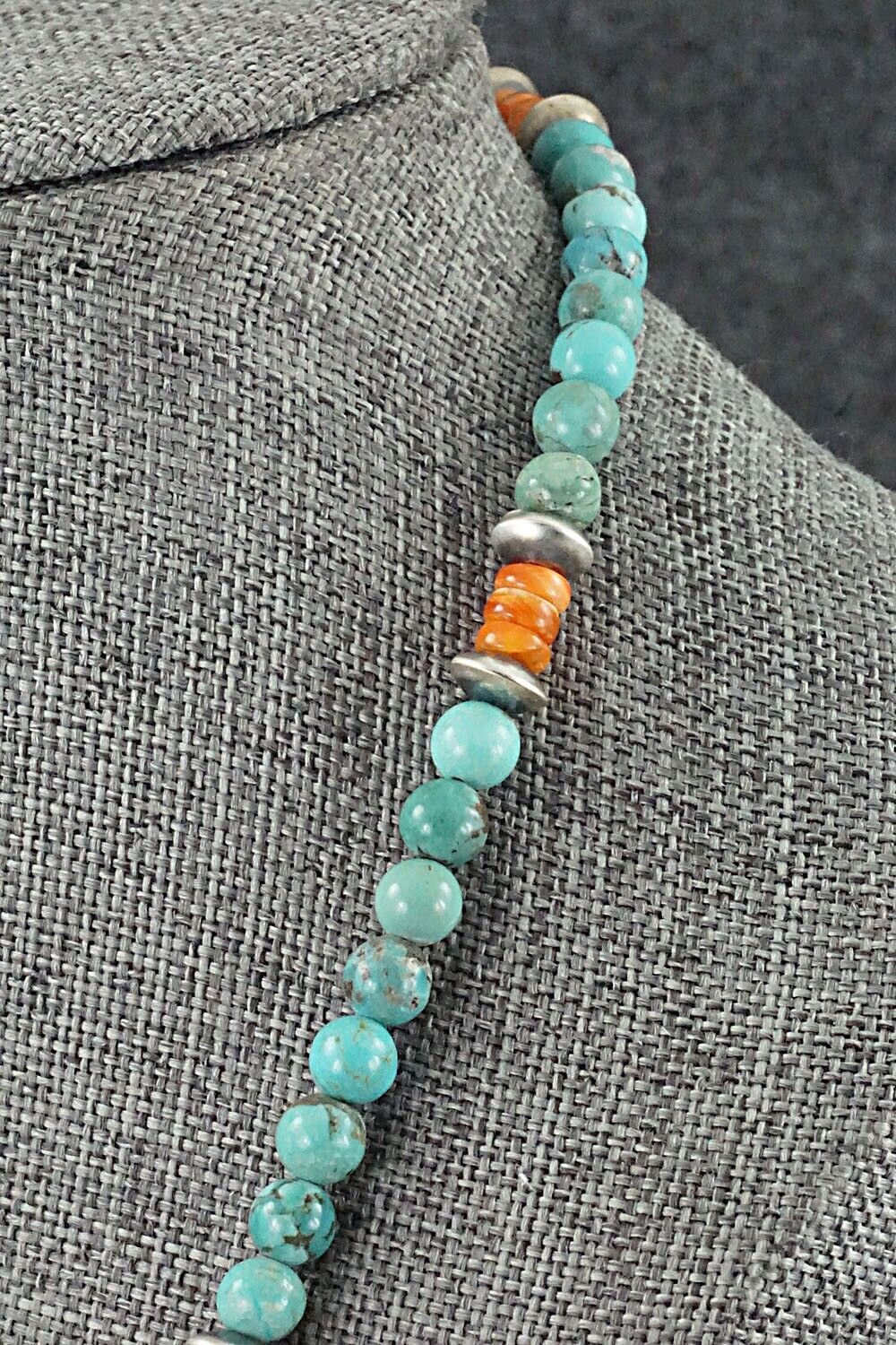 Turquoise, Spiny Oyster & Sterling Silver Necklace 20" - Doreen Jake