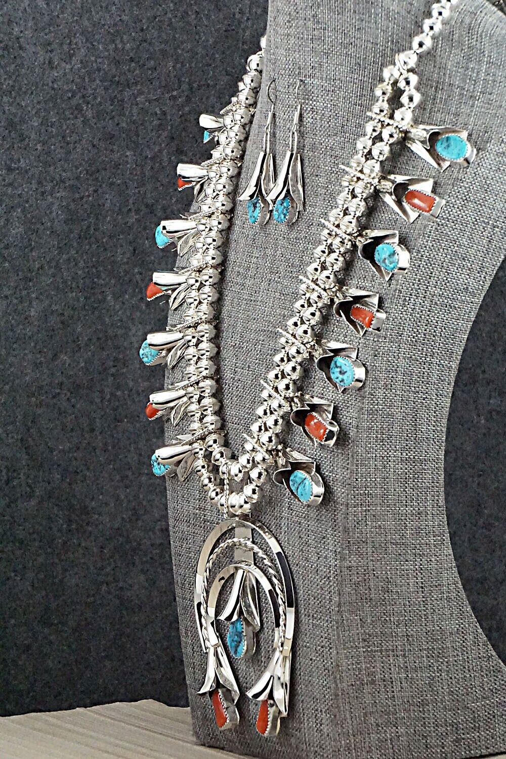 Turquoise, Coral & Sterling Silver Squash Blossom Set - Louise Yazzie