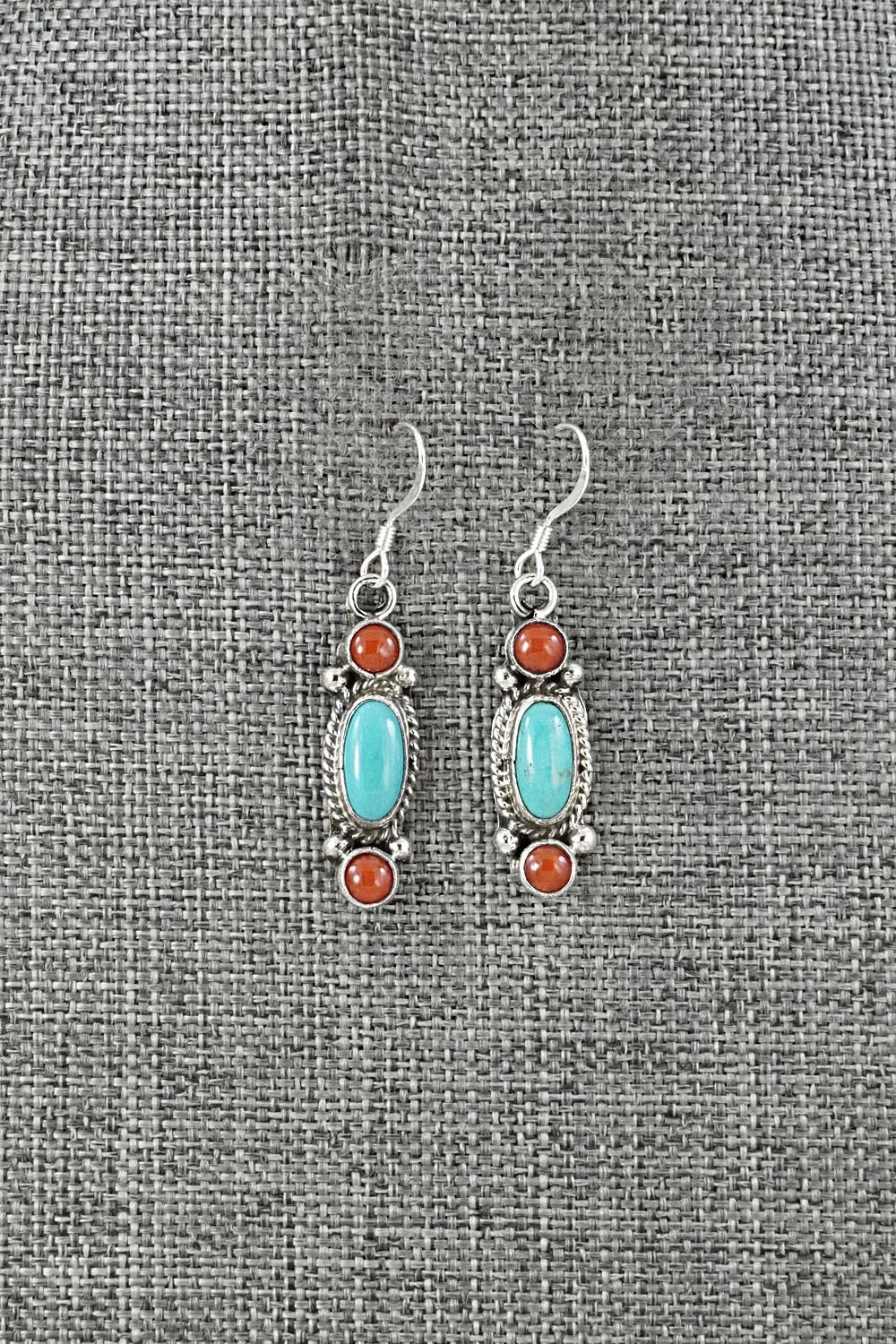 Turquoise, Coral & Sterling Silver Earrings - Verley Betone