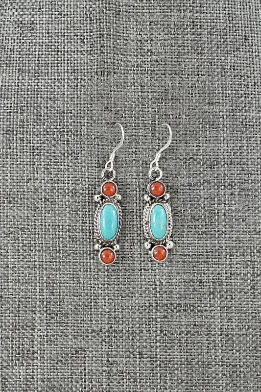Turquoise, Coral & Sterling Silver Earrings - Verley Betone