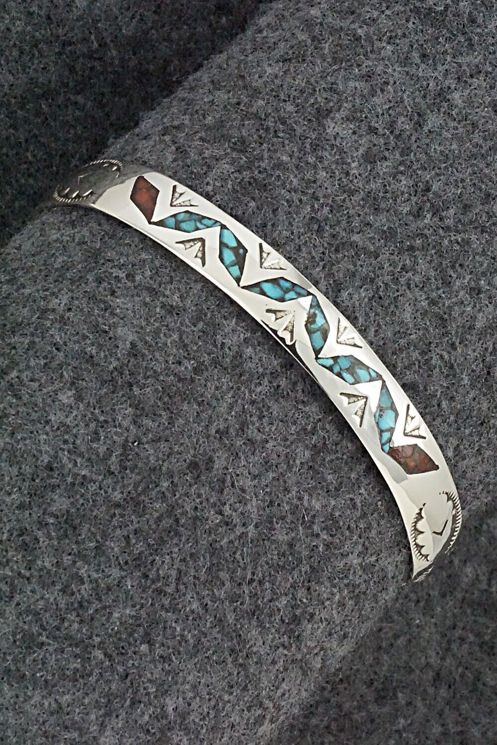 Turquoise, Coral Chip Inlay & Sterling Silver Bracelet - Joleen Yazzie