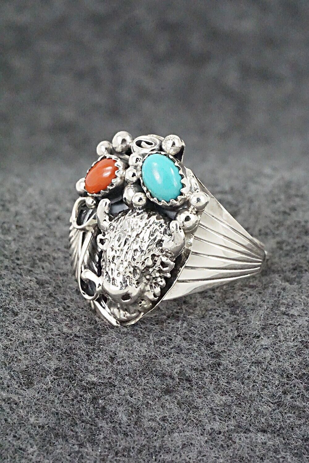 Turquoise, Coral & Sterling Silver Ring - Jeannette Saunders - Size 12.5