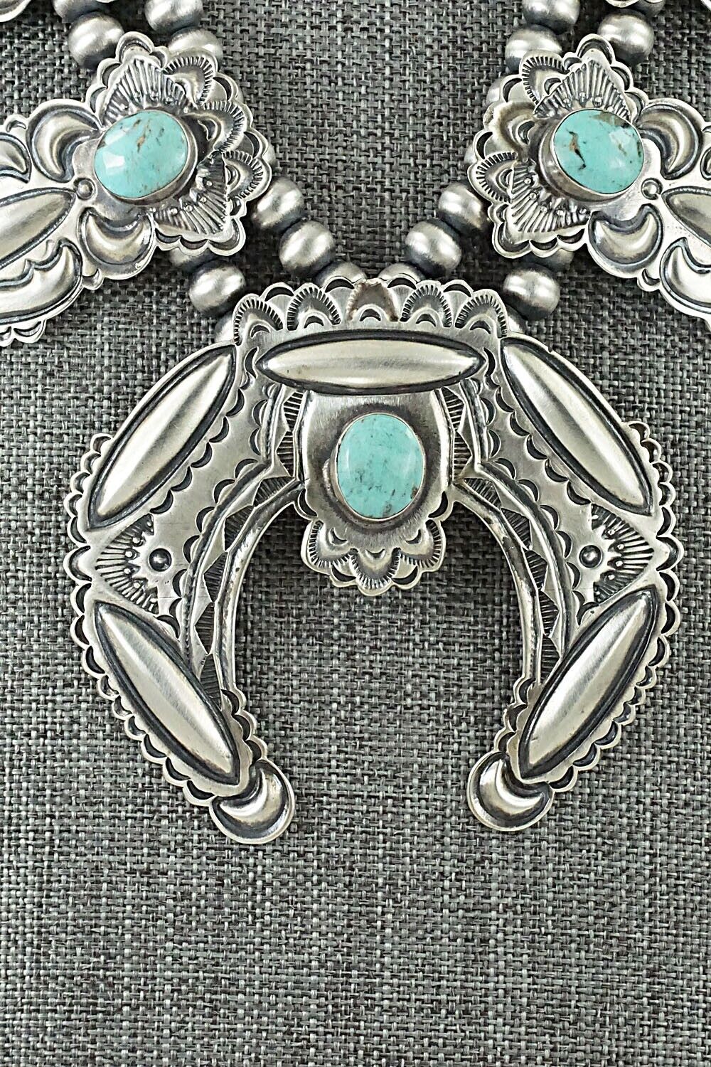Turquoise & Sterling Silver Squash Blossom Necklace - Roland Dixson